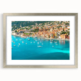 Extra large abstract art print of a textured European scenery in muted earth tones, framed in silver.