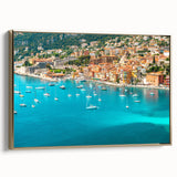 Framed canvas depicting a vintage-style landscape of Nice, France in muted gold and black tones, ideal for bedroom wall art.