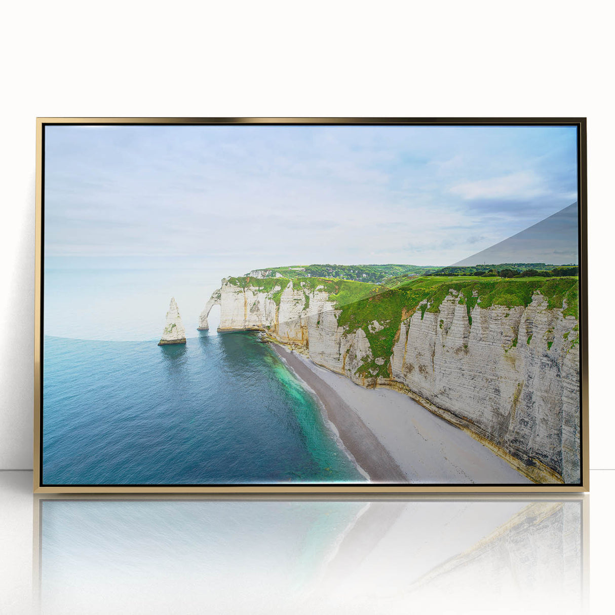 Art deco poster of Normandy scenery in muted earth tones, framed acrylic, ideal for modern nursery wall art.