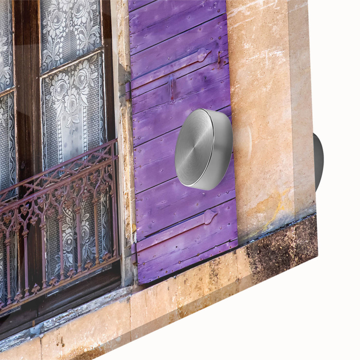 Large abstract wall art depicting a mid-century modernist scene of Southern France, in muted earth tones on acrylic glass.