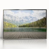 Large art print of a Bavarian landscape in mid-century modernist style on silver-framed acrylic.