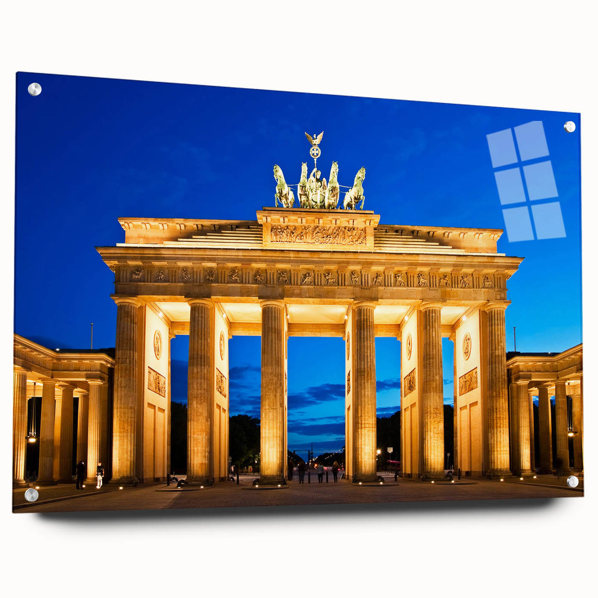 Acrylic print of Berlin cityscape in muted gray and blue tones, suitable for dining room decor.