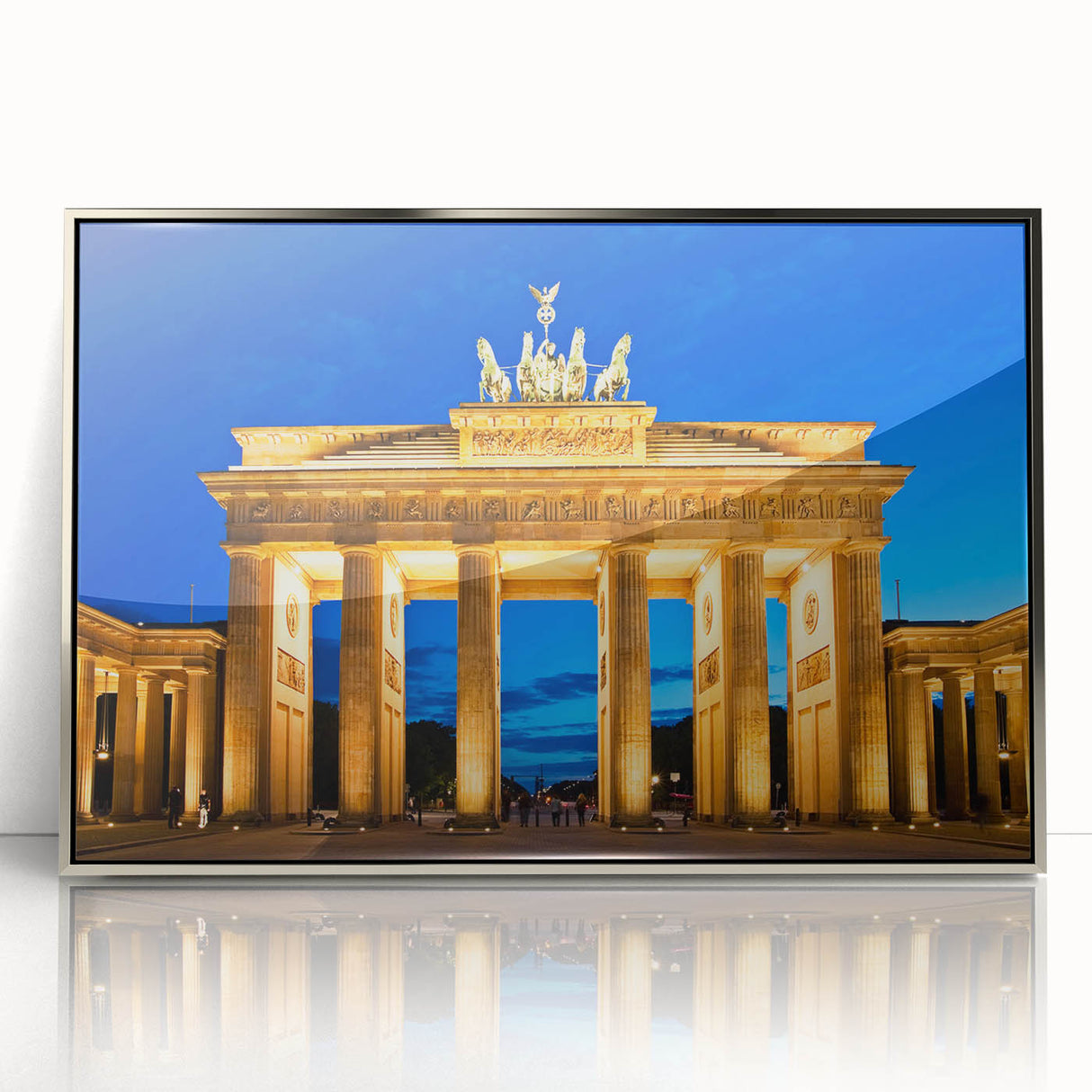 Large art print of Berlin skyline in muted gray and blue tones on silver-framed acrylic, ideal for modern art wall decor.
