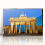 Large art print of Berlin skyline in muted gray and blue tones on silver-framed acrylic, ideal for modern art wall decor.