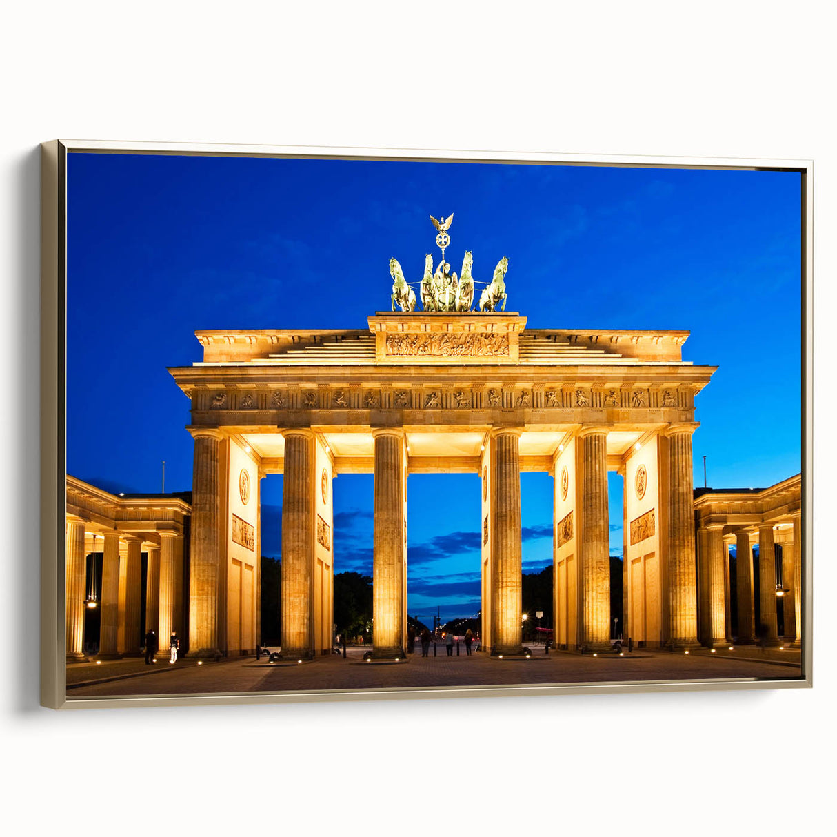 Framed canvas wall art of Berlin skyline in muted black and gold tones, ideal for bedroom decor.