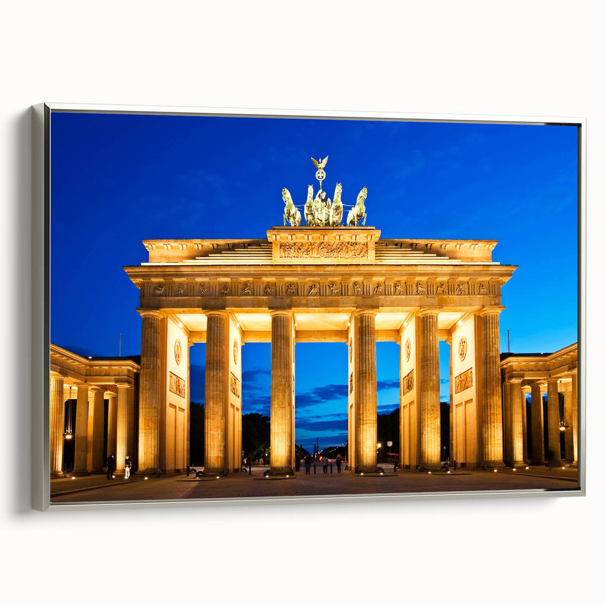 Framed canvas of a vintage Berlin landscape with colorful buildings and a black sky, ideal for living room decor.