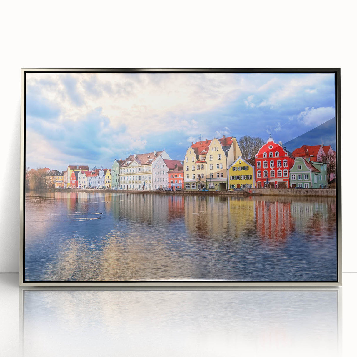 Large art print of Munich skyline in muted gray and blue tones on framed acrylic, ideal for modern art wall decor.