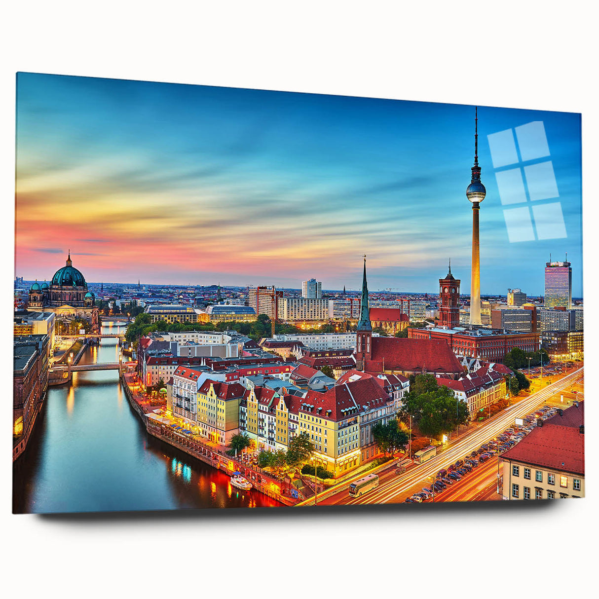 Large abstract wall art of a European landscape in muted greens and blues on acrylic glass.