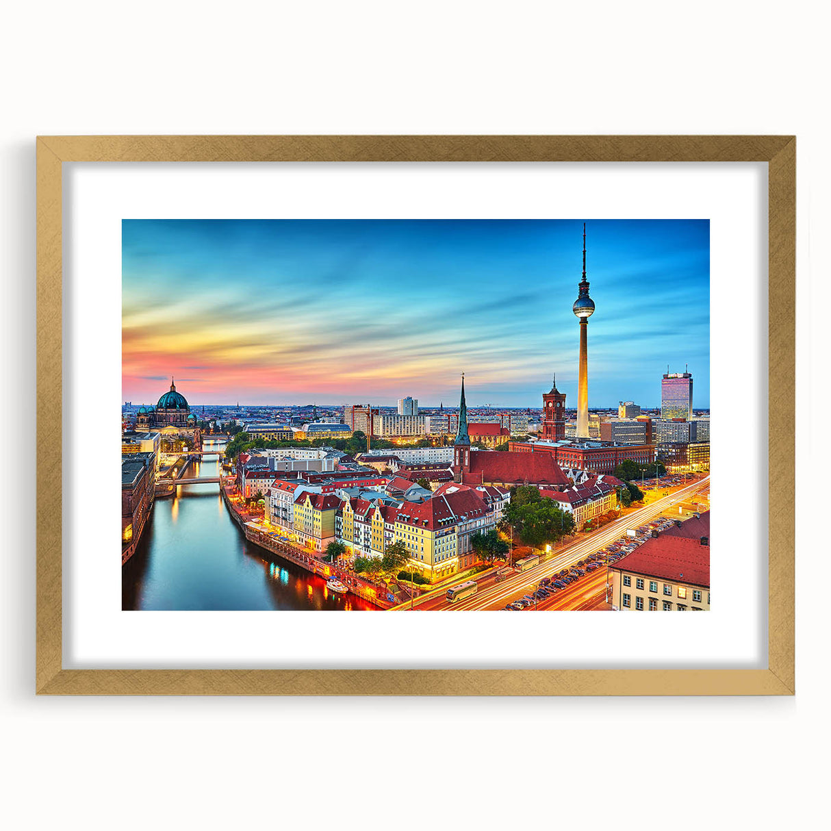 Abstract art print of a European scenery in muted green and blue tones, framed in gold, ideal for dining room decor.
