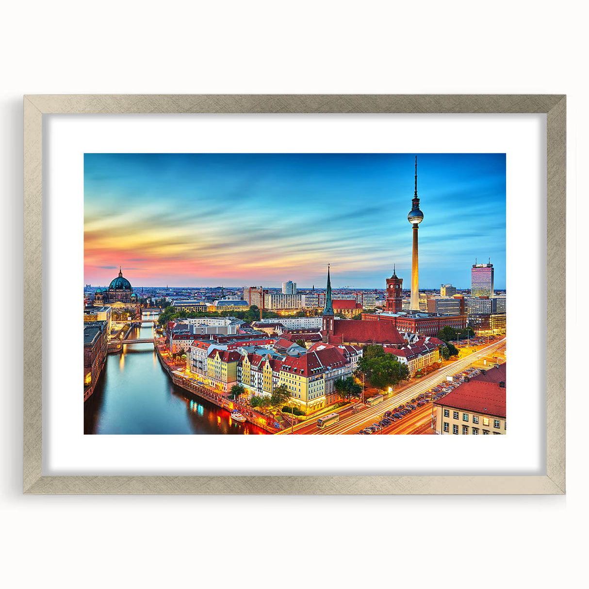 Extra large abstract art print of a textured European scenery in muted earth tones, framed with a silver mat.