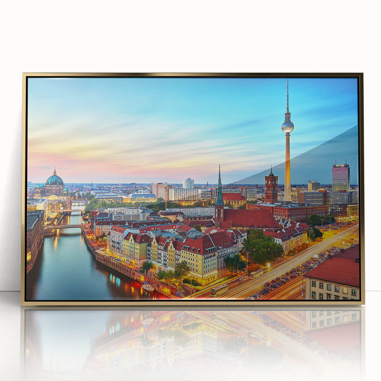 Art deco poster of a scenic European landscape in Germany, presented in a gold-framed acrylic.