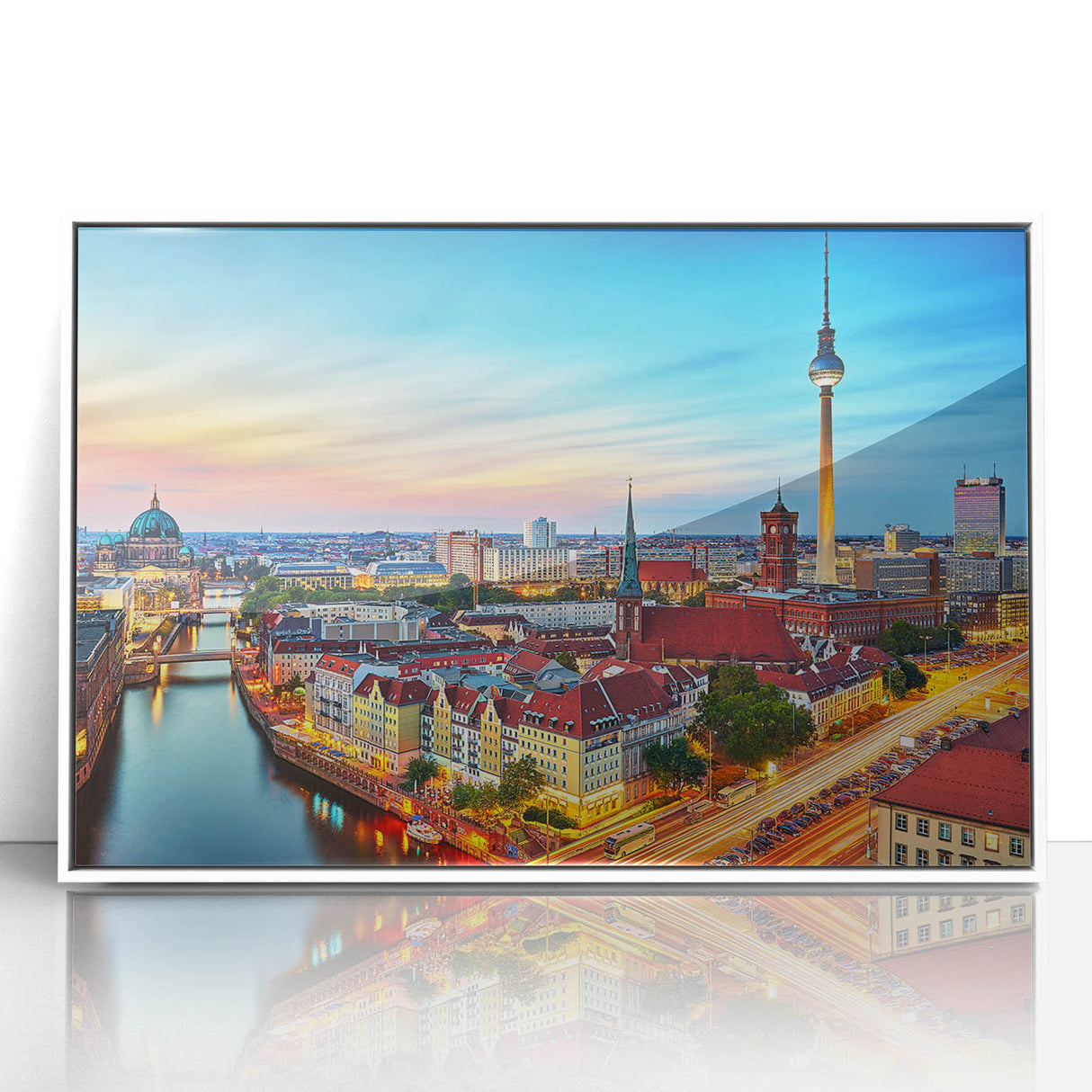 Mid-century modernist art depicting a scenic European landscape on a framed acrylic, with muted earth tones.