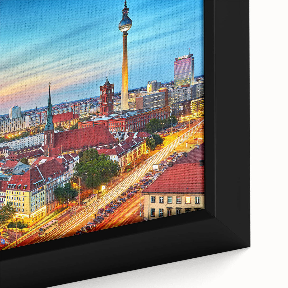 Extra large framed canvas of a textured, colorful European scenery in black, ideal for living room decor.