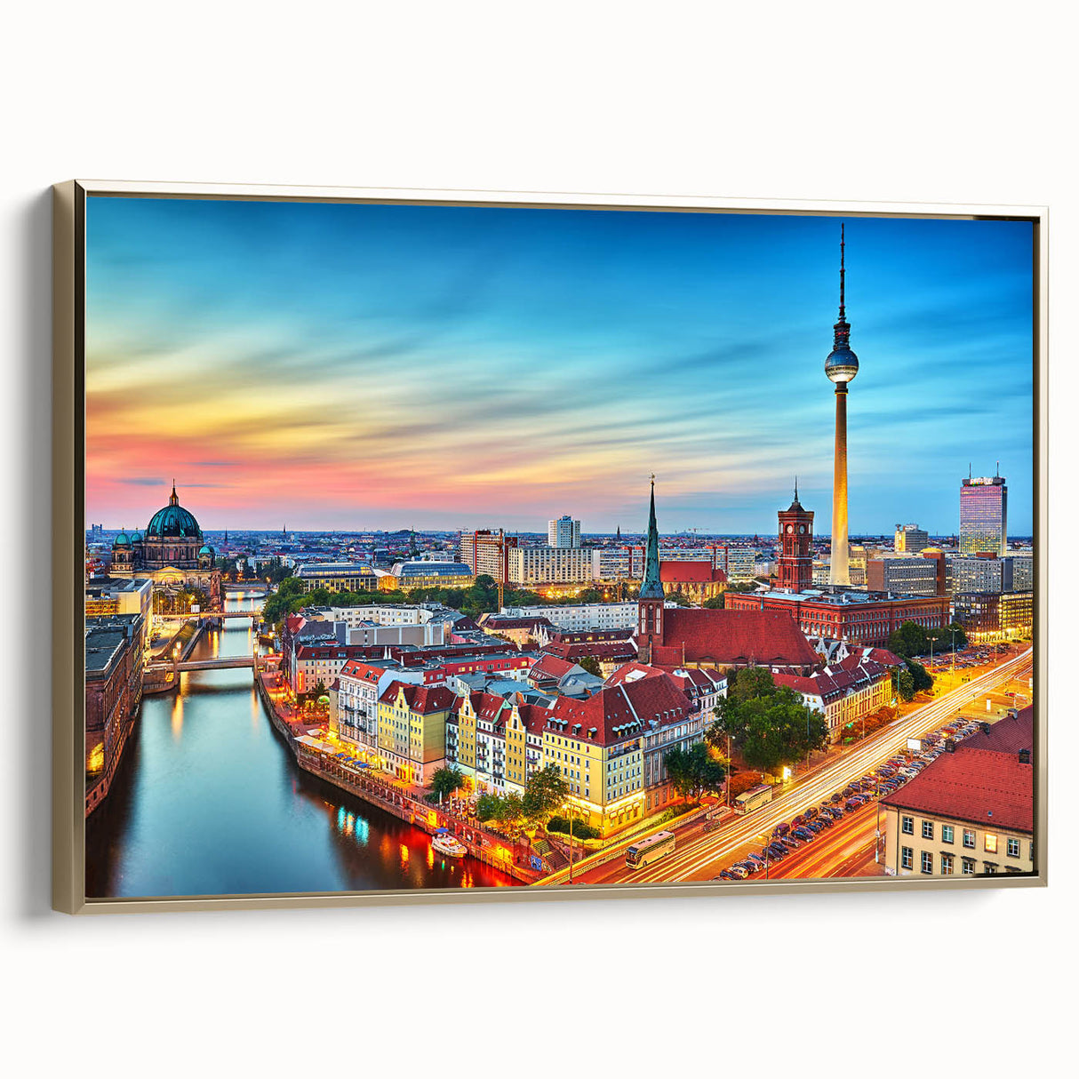 Framed canvas featuring a vintage landscape painting of a German scenery in black and gold tones, ideal for bedroom wall art.