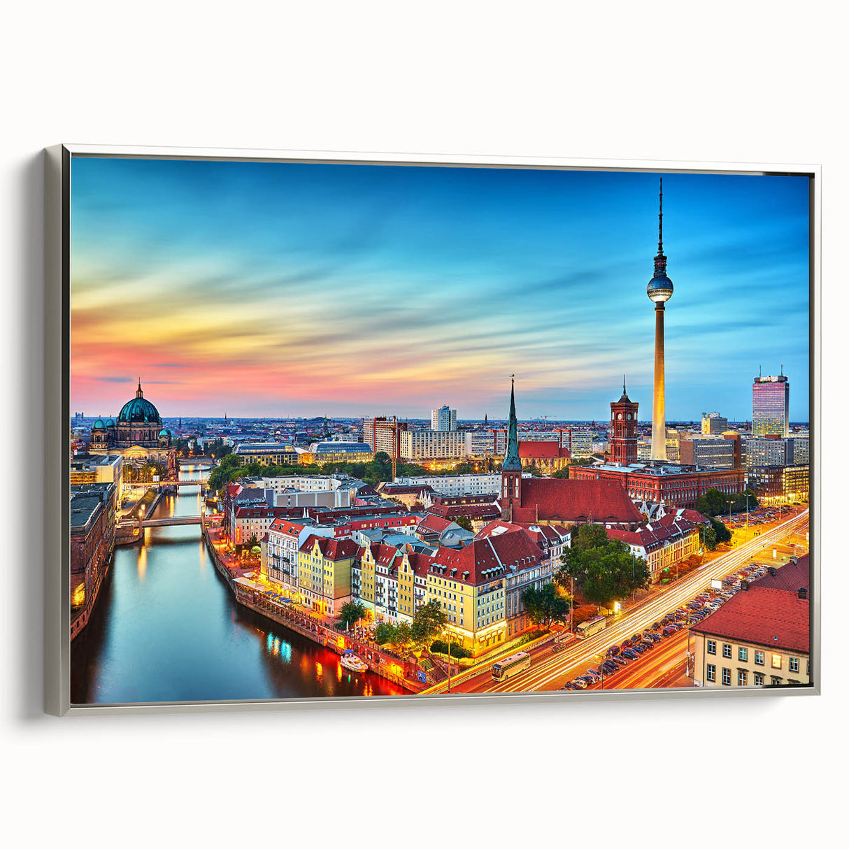 Framed canvas landscape art painting of a vintage European scenery in muted colors, ideal for living room decor.