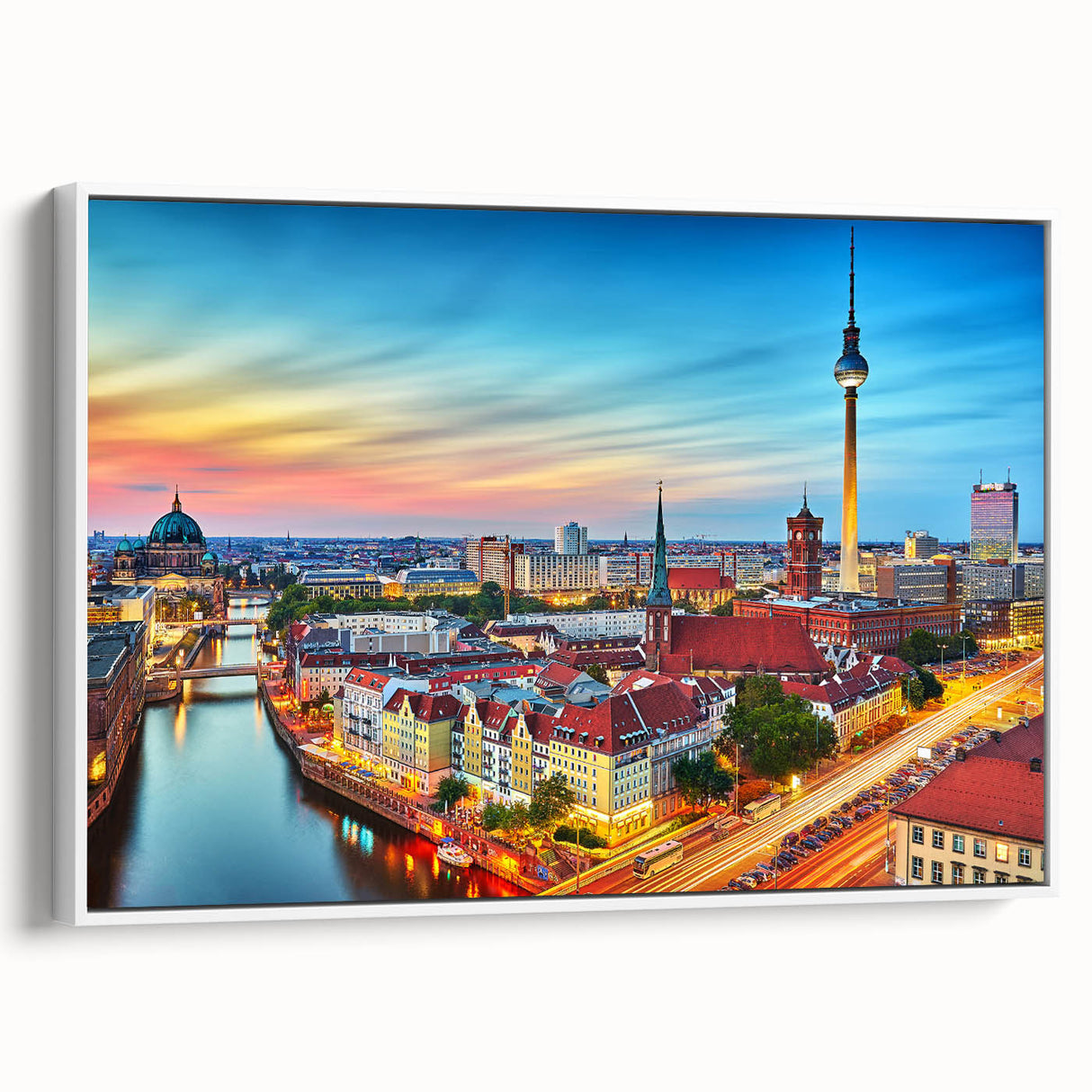 Vintage poster art of a European cityscape in colorful hues on a framed canvas, ideal for living room decor.
