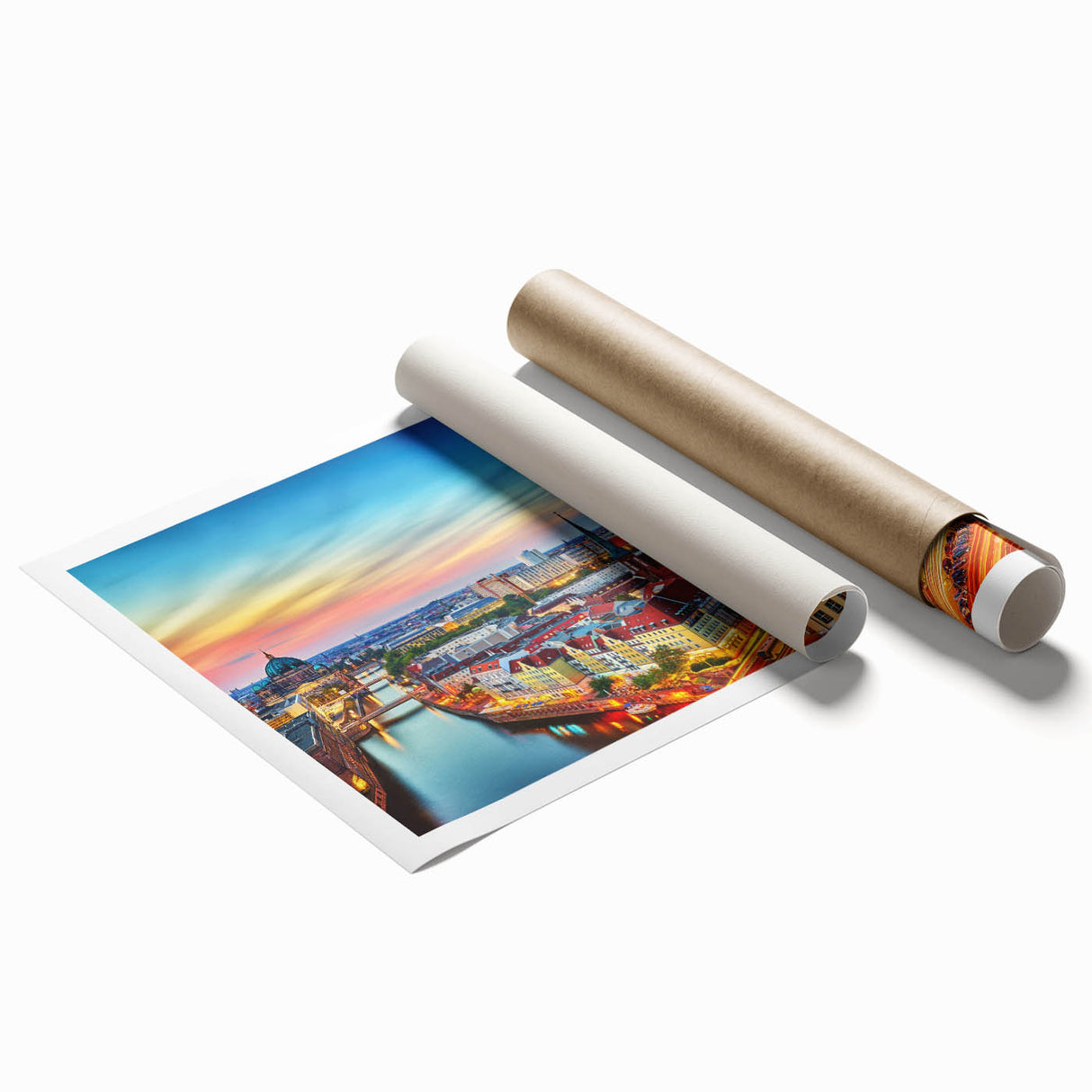 Rolled print of a German landscape featuring lush greenery and floral elements, in soft earth tones.