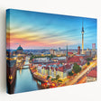 Large canvas print of a European village scene in muted earth tones, ideal for kitchen wall decor.