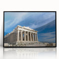 Large abstract wall art depicting the Athens skyline in muted gray and blue tones on framed acrylic.