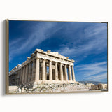 Framed canvas of Athens landscape in muted gold and black tones, ideal for bedroom wall art.