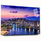 Acrylic print of a serene Crete landscape in muted earth tones, ideal for dining room decor.