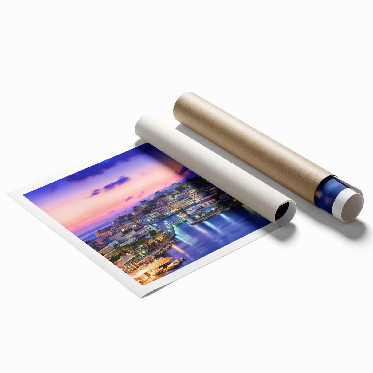 Extra large rolled print of a Greek Crete scenery with vibrant blue and white tones, ideal for classy bathroom wall art.