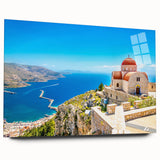 Acrylic print of a serene Rhodes, Greece landscape in soft blue and white tones, ideal for bedroom or dining room art.