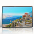 Large abstract wall art depicting the Rhodes scenery in Greece, with muted earth tones on framed acrylic.