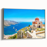 Framed canvas depicting a vintage-style landscape of Rhodes, Greece, with colorful art on a black background.