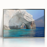 Acrylic print of a Greek landscape in muted earth tones, framed in silver, suitable for modern art wall decor.
