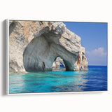 Vintage poster art of a scenic Greek landscape in colorful tones on a framed canvas, ideal for living room decor.