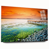 Large abstract wall art of European scenery in muted colors on acrylic glass, ideal for bedroom or dining room decor.