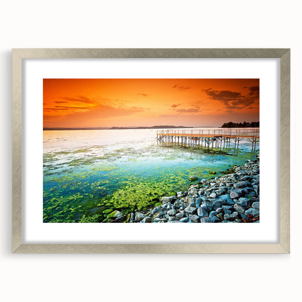 Extra large abstract art print of a textured European scenery in muted earth tones, framed with a silver mat.