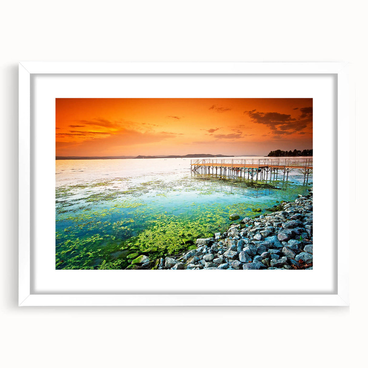 Textured abstract art print of a European scenery in muted earth tones on a white framed mat, ideal for bedroom art.