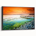 Black and white framed canvas featuring a vintage landscape painting of a European scene, ideal for bedroom decor.