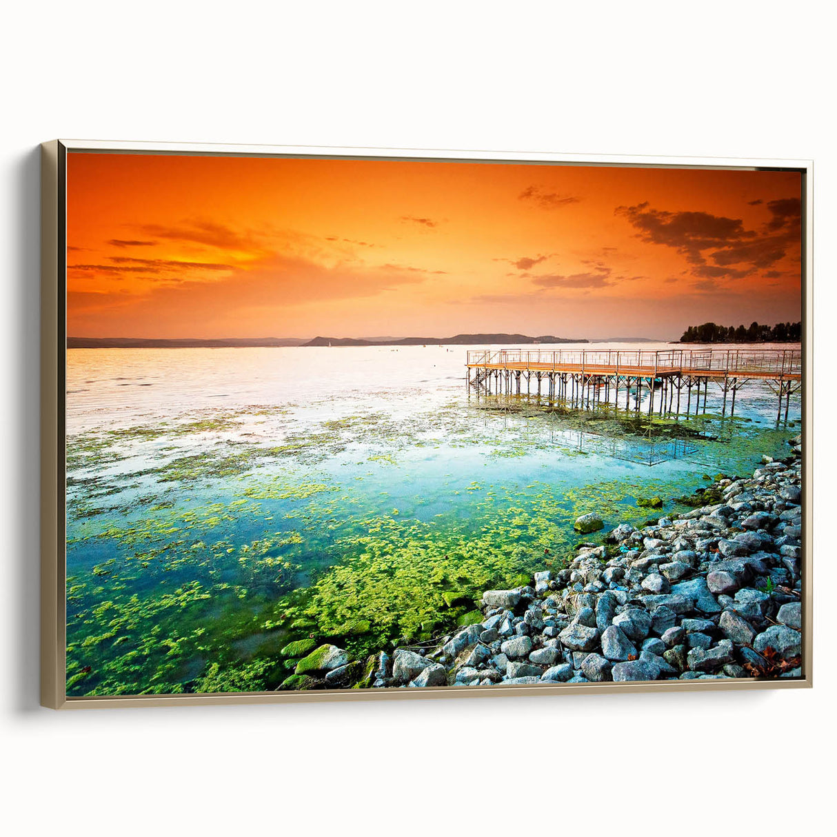 Framed canvas of a vintage-style Hungarian landscape in muted gold and black tones, ideal for bedroom wall art.