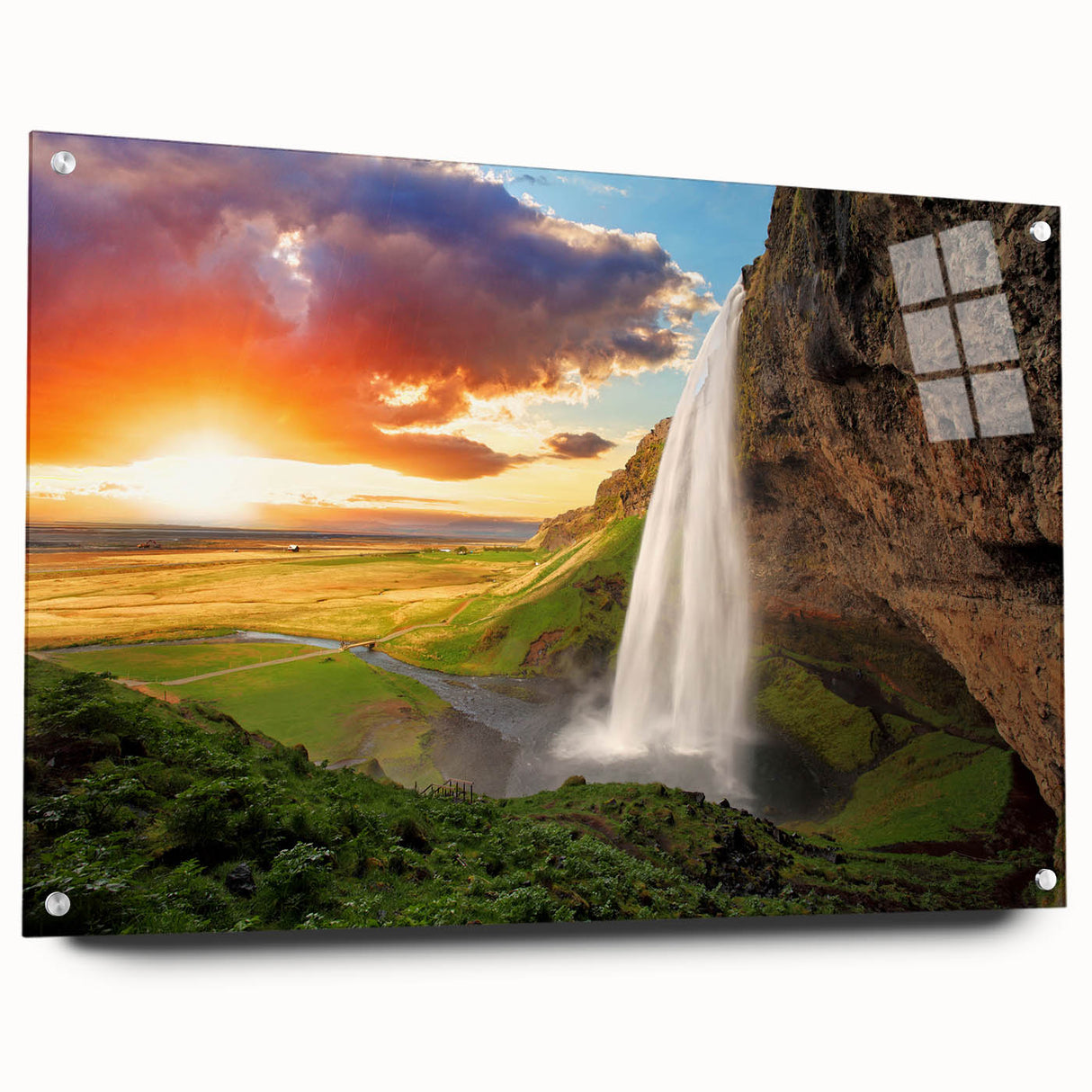 Acrylic print of a serene Icelandic landscape with muted blue and green tones, ideal for bedroom or dining room decor.