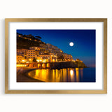 Abstract art print of Amalfi Coast in muted blue and gold tones, framed with a mat, ideal for dining room decor.