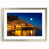Extra large wall art of Amalfi Coast with textured abstract print in muted blues and greens, framed in silver.