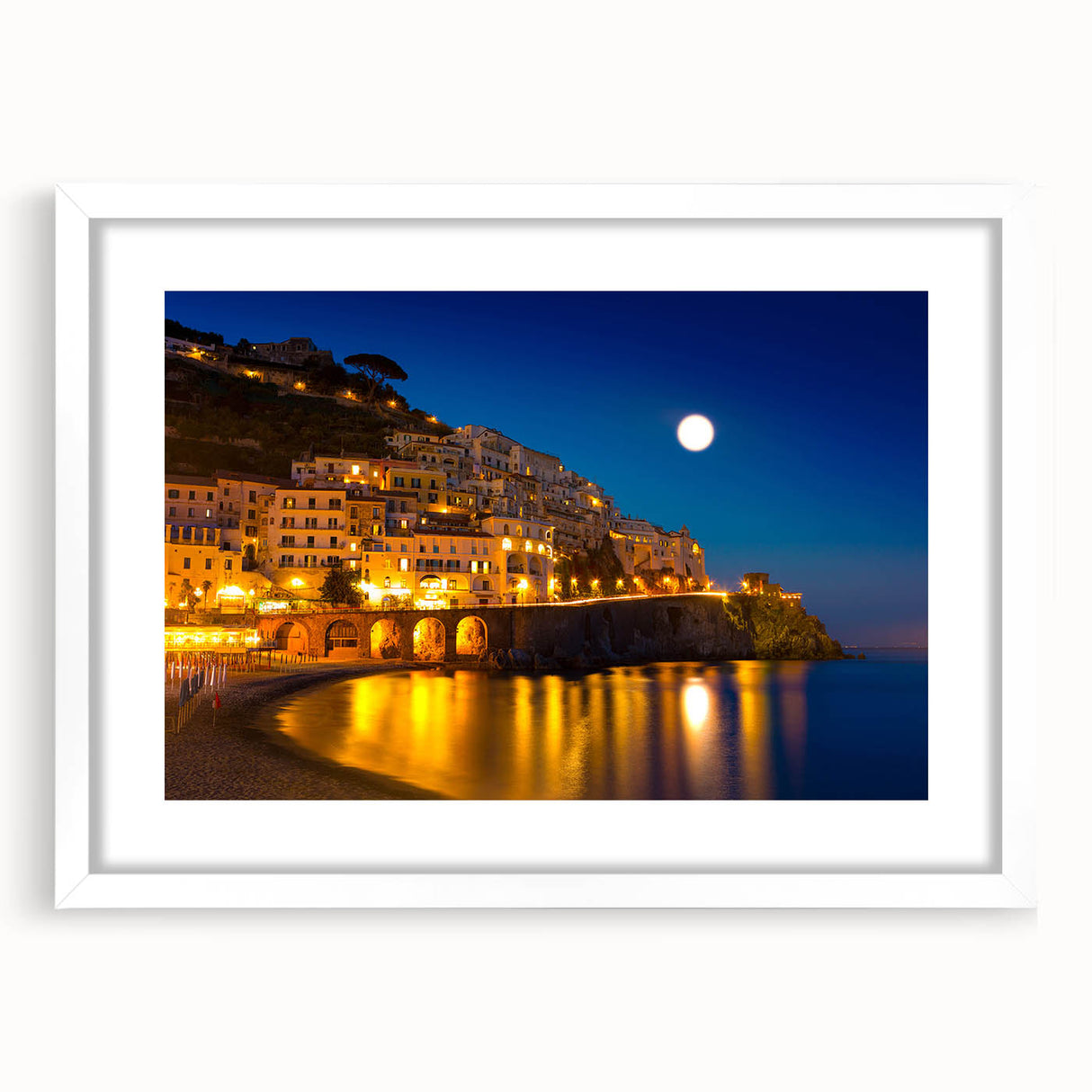 Textured art print of the Amalfi Coast in muted pastel tones on a framed white mat, ideal for bedroom decor.