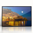 Large abstract wall art depicting the Amalfi Coast in muted blue and green tones on a framed acrylic print.