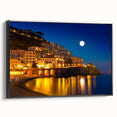 Black and white landscape art of the Amalfi Coast on framed canvas, ideal for bedroom wall decor.