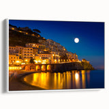 Vintage poster art of Amalfi Coast on framed canvas, featuring colorful imagery, ideal for living room wall decor.