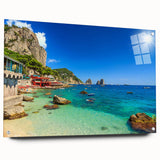 Acrylic print of Capri, Italy scenery in muted blue and white tones, ideal for dining room art.