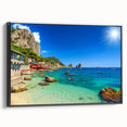 Black and white framed canvas of Capri landscape, in vintage poster style, ideal for bedroom decor.