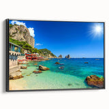 Black and white framed canvas of Capri landscape, in vintage poster style, ideal for bedroom decor.