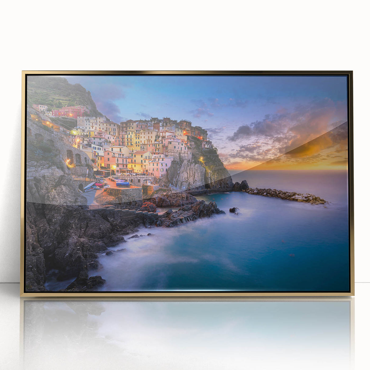 Framed acrylic print of Cinque Terre with vibrant coastal colors, ideal for modern art wall decor.