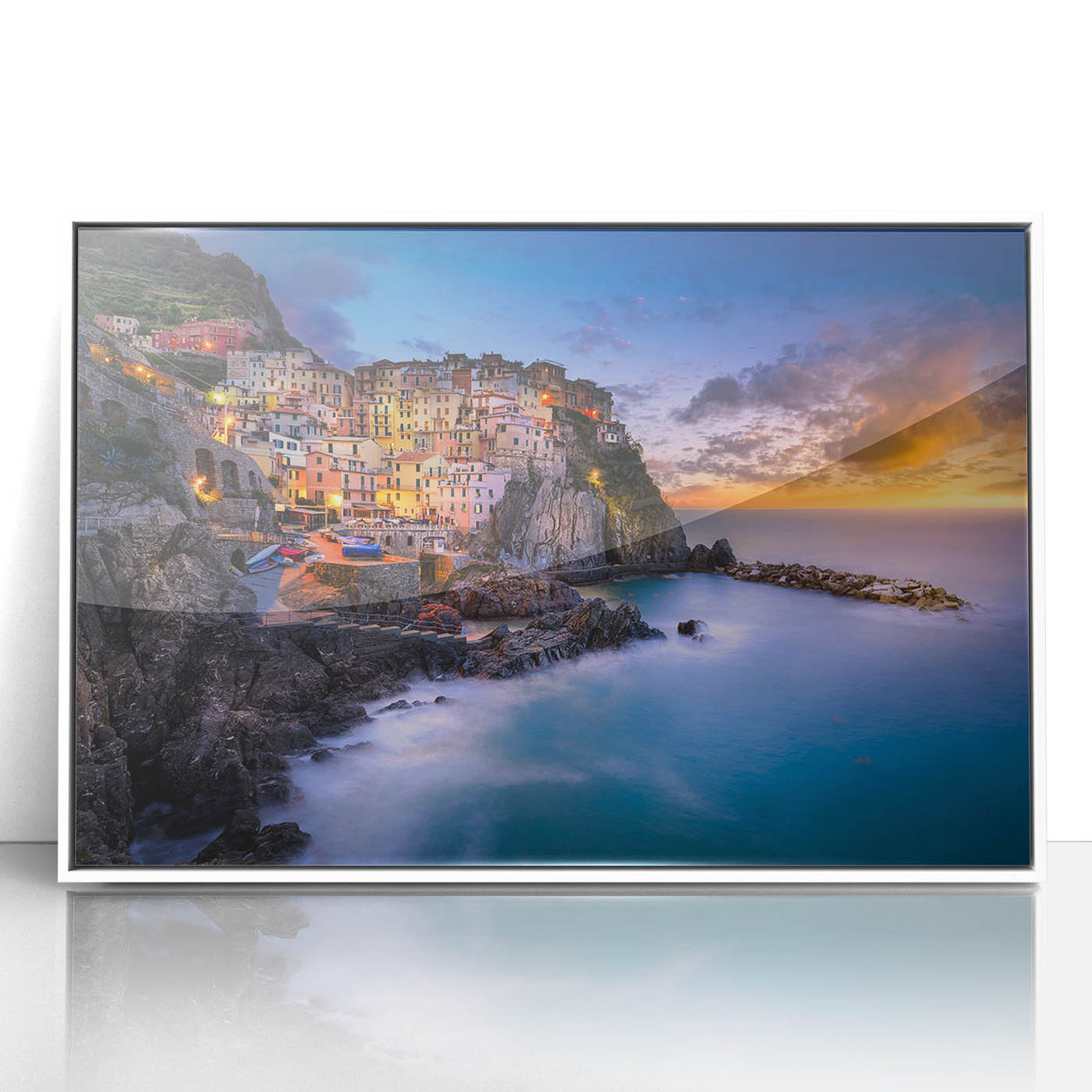 Framed acrylic print of Cinque Terre with pastel shades, ideal for modern art wall decor.