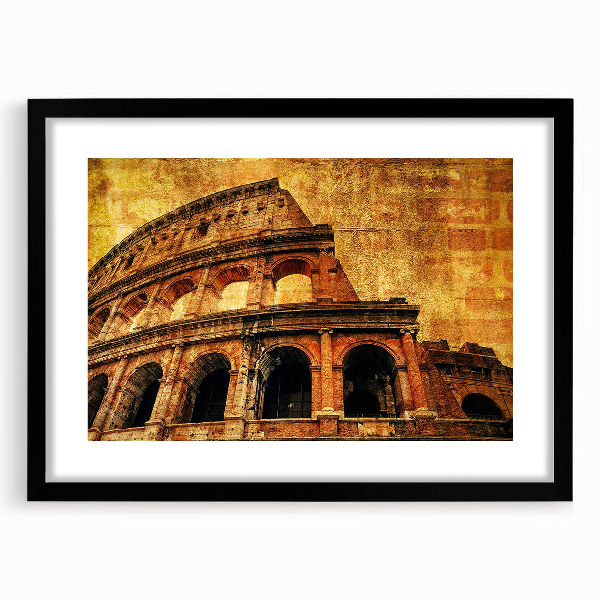 Extra large colorful art print of the Colosseum in abstract style, featuring vibrant textures, framed in black.