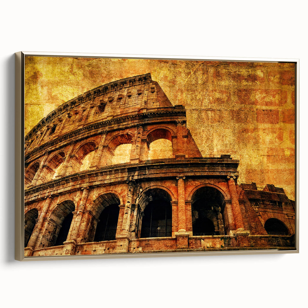 Framed canvas of the Colosseum in muted gold and black, ideal for bedroom wall art with a vintage poster style.